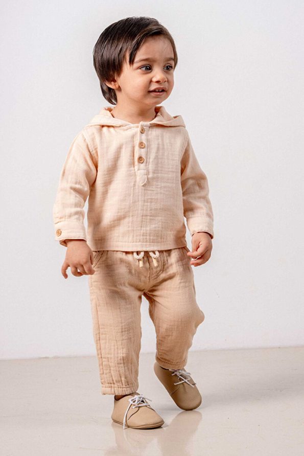 Brown and Salmon Hooded Cotton Two-Piece Set for Babies and Kids