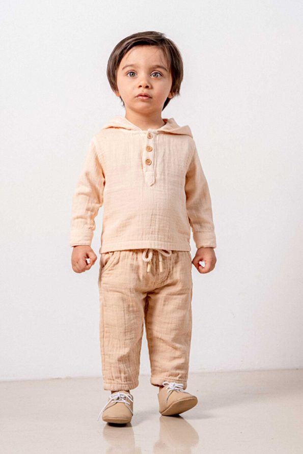 Brown and Salmon Hooded Cotton Two-Piece Set for Babies and Kids