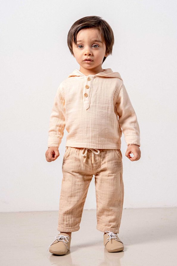 Brown and Salmon Hooded Cotton Two-Piece Set for Babies and Kids