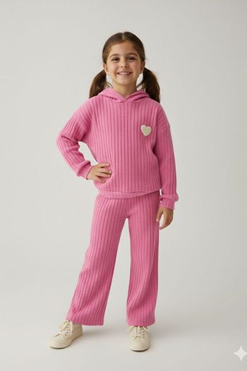 Minigimin Cicileri Heart-Embroidered Ribbed Girls' Seasonal Set - Pink