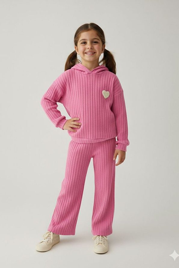 Minigimin Cicileri Heart-Embroidered Ribbed Girls' Seasonal Set - Pink