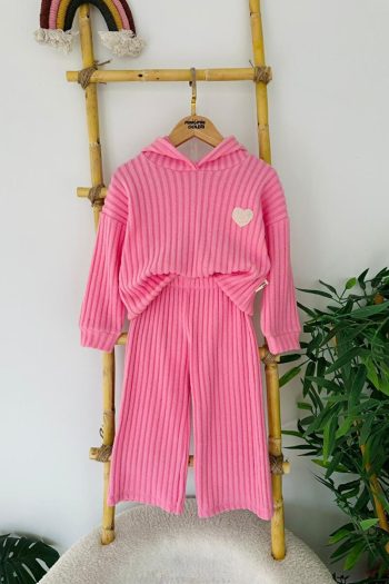 Minigimin Cicileri Heart-Embroidered Ribbed Girls' Seasonal Set - Pink