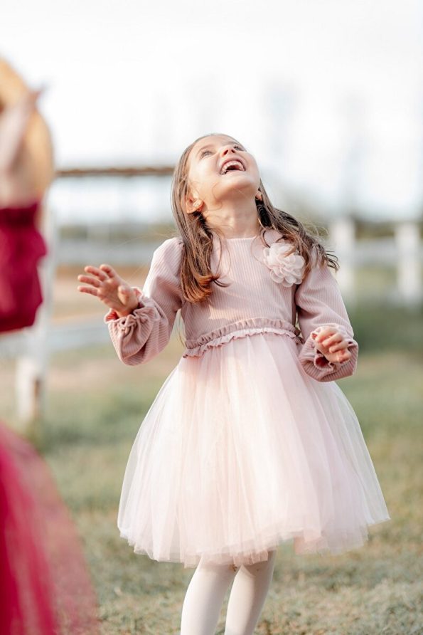 miabambim Pink Velvet Puff Sleeve Dress for Girls
