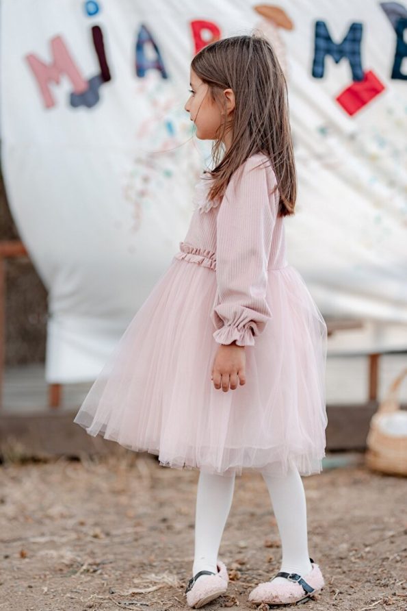 miabambim Pink Velvet Puff Sleeve Dress for Girls