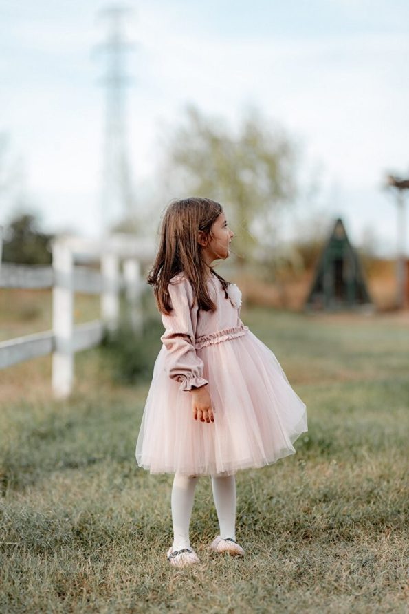 miabambim Pink Velvet Puff Sleeve Dress for Girls