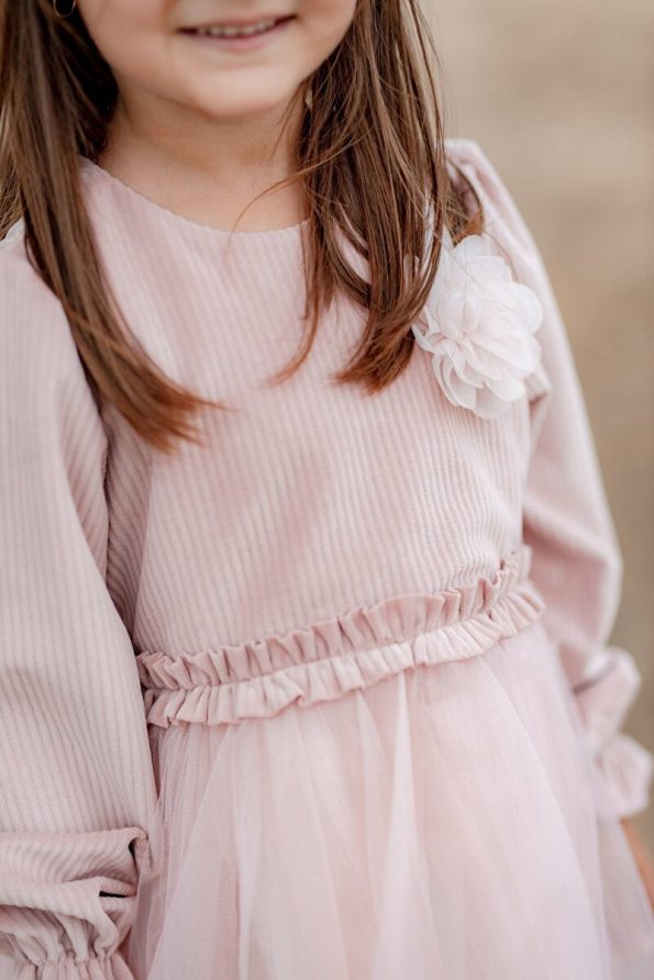 miabambim Pink Velvet Puff Sleeve Dress for Girls