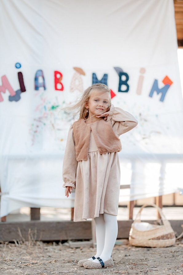 miabambim Brown Faux Fur Nubuck Bow Embroidered Dress