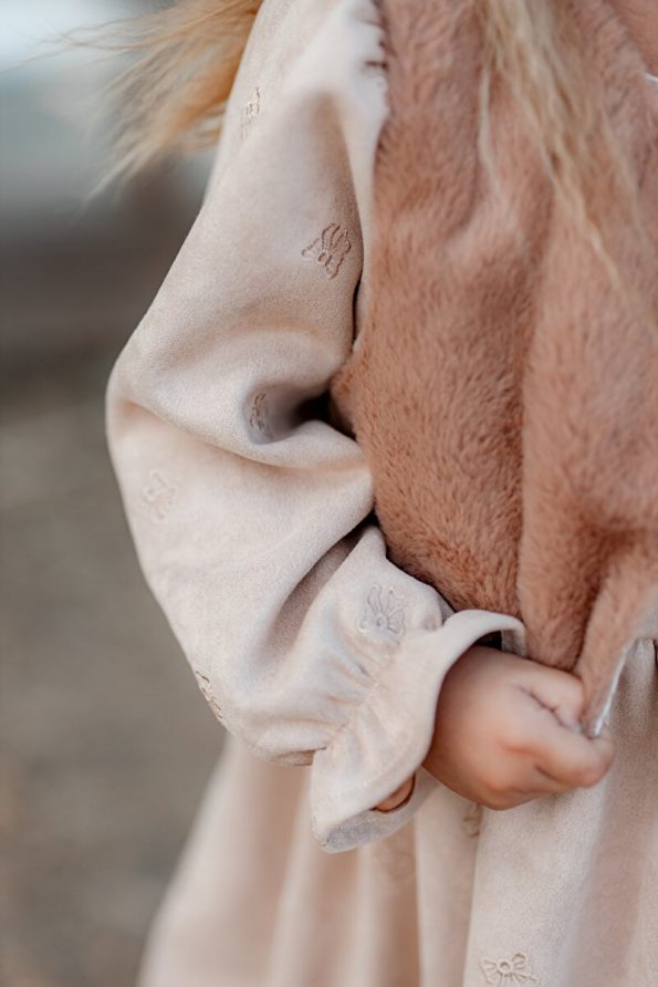 miabambim Brown Faux Fur Nubuck Bow Embroidered Dress