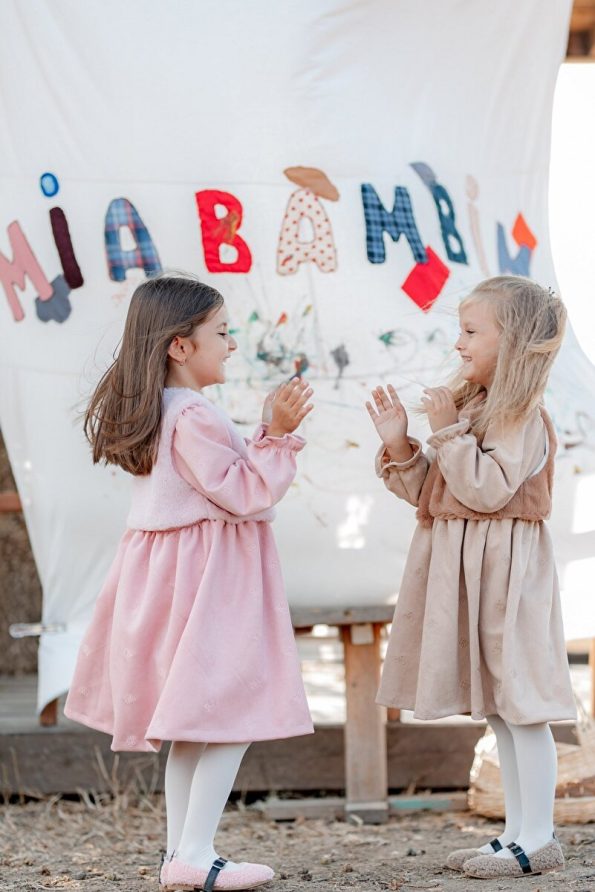 miabambim Brown Faux Fur Nubuck Bow Embroidered Dress