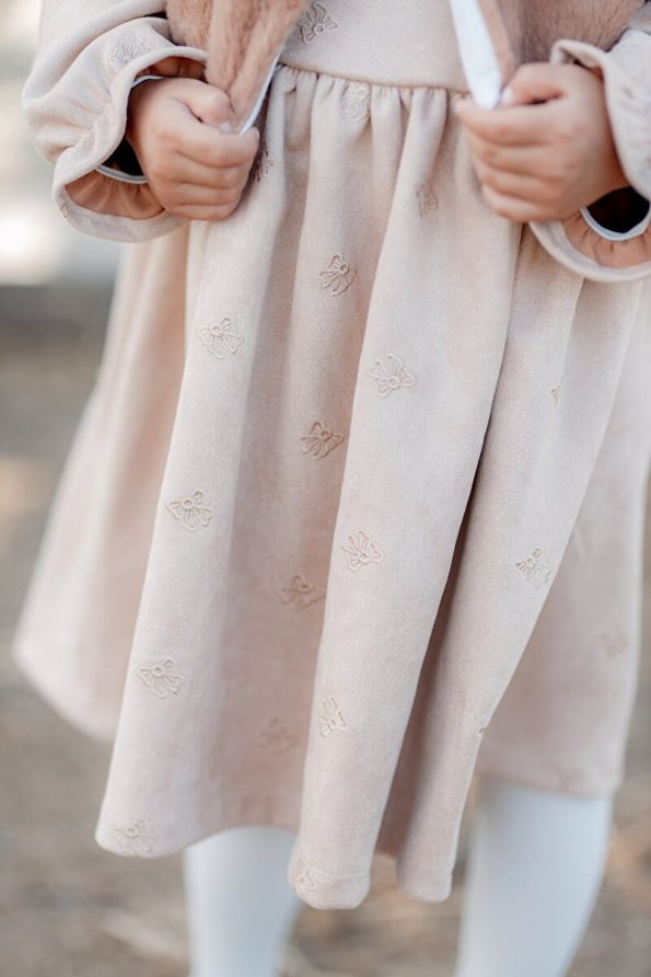 miabambim Brown Faux Fur Nubuck Bow Embroidered Dress