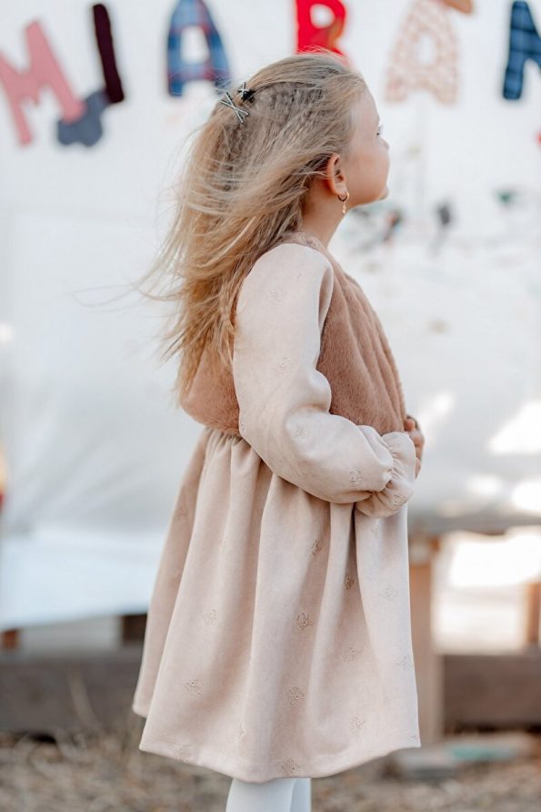 miabambim Brown Faux Fur Nubuck Bow Embroidered Dress