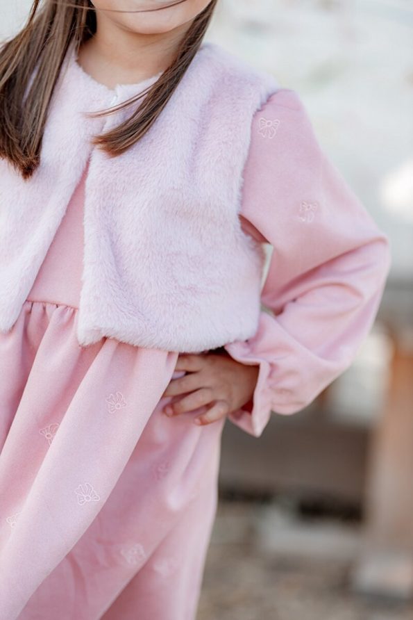 miabambim Faux Fur Suede Bow Embroidered Dress Pink
