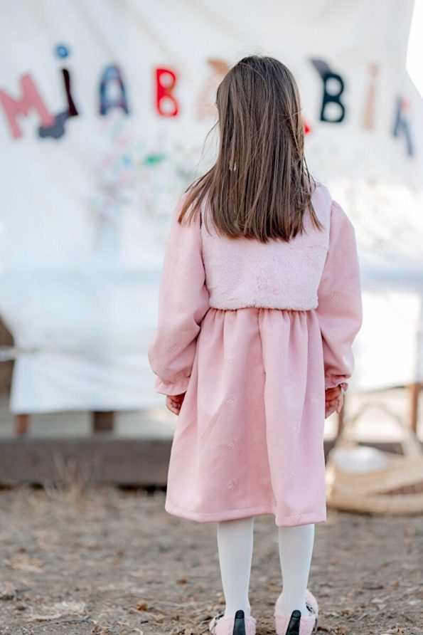 miabambim Faux Fur Suede Bow Embroidered Dress Pink