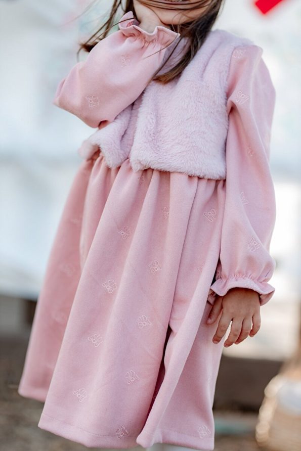miabambim Faux Fur Suede Bow Embroidered Dress Pink
