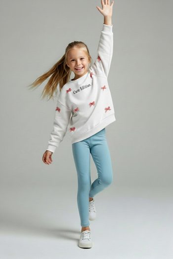 Trendyolmilla Kids Ivory Bow-Accent Thick Fleece Girls' Knit Sweatshirt