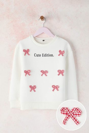 Trendyolmilla Kids Ivory Bow-Accent Thick Fleece Girls' Knit Sweatshirt