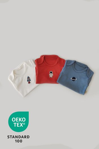 Luppinos Space 3-Piece 100% Cotton Embroidered Long Sleeve Baby Bodysuit Set