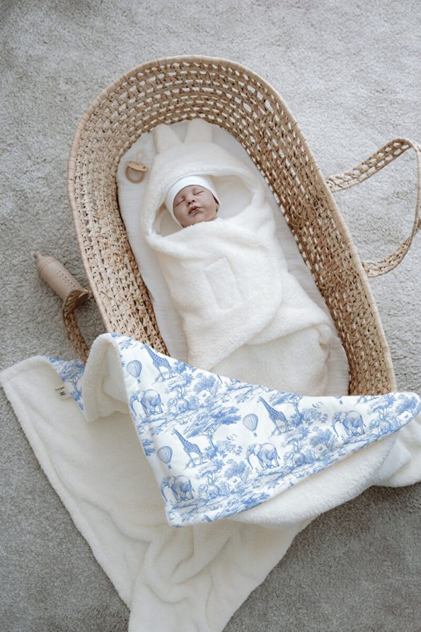 Tuğba Swan Plush Swaddle and Reversible Blanket - Blue Toile De Jouy