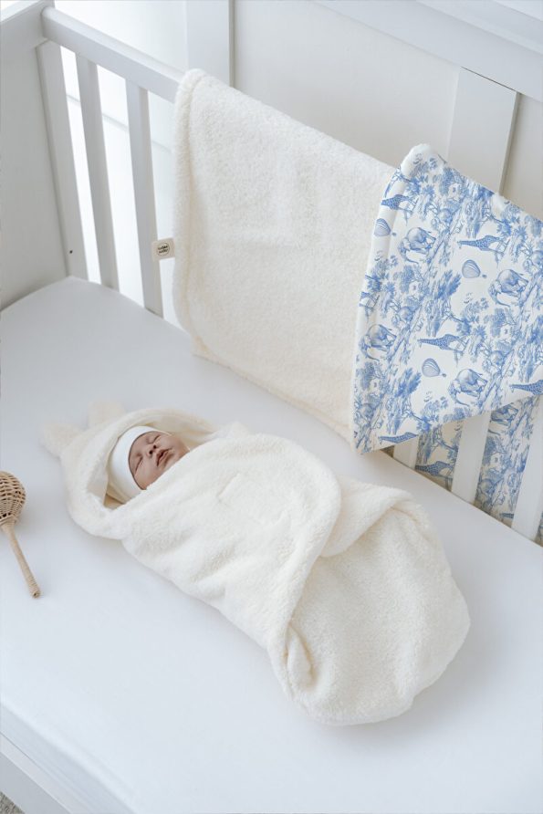 Tuğba Swan Plush Swaddle and Reversible Blanket - Blue Toile De Jouy
