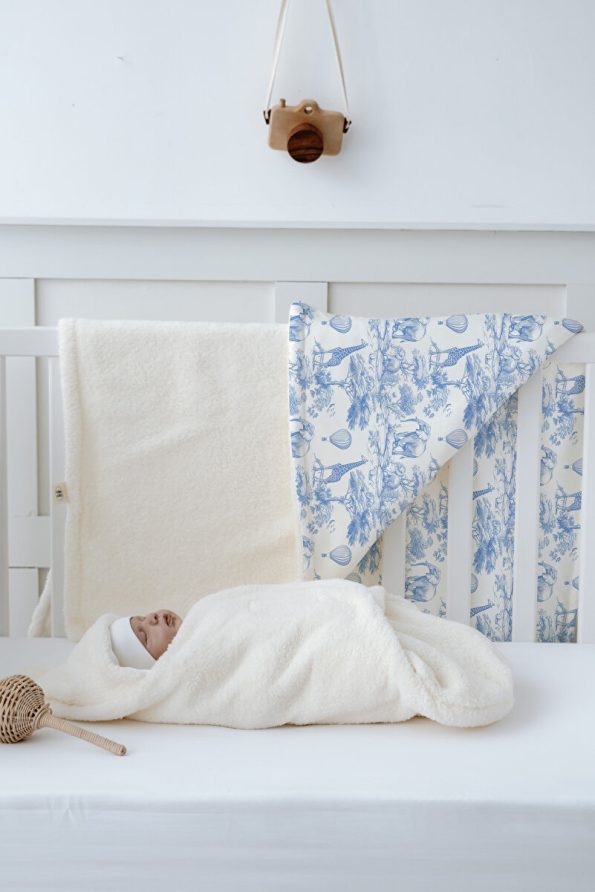 Tuğba Swan Plush Swaddle and Reversible Blanket - Blue Toile De Jouy