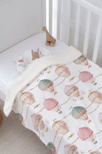 Tuğba Swan Plush Double-Sided Blanket - Pink Hot Air Balloons