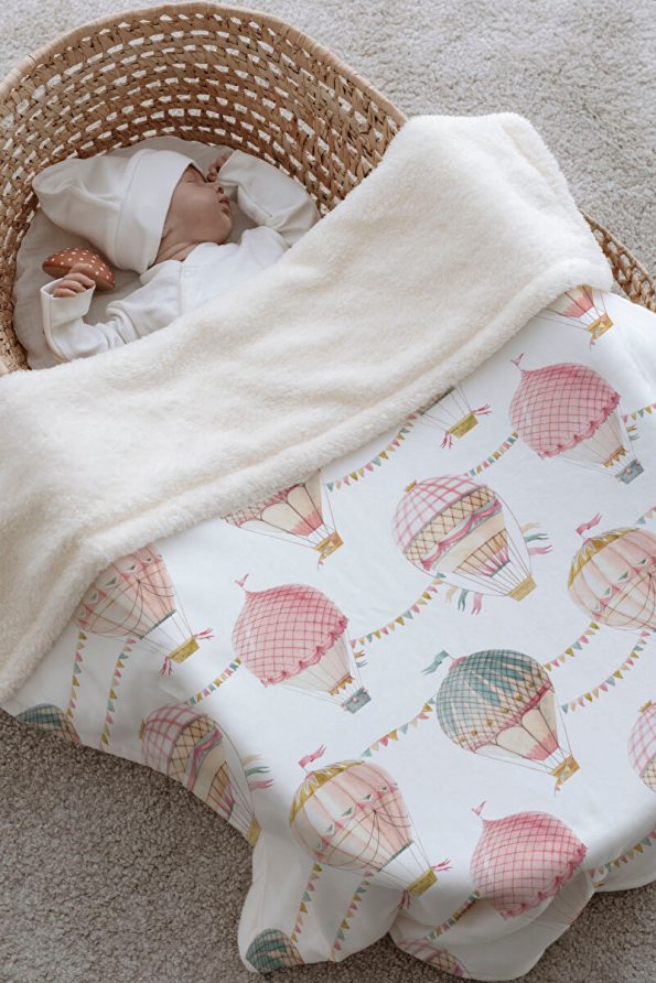 Tuğba Swan Plush Double-Sided Blanket - Pink Hot Air Balloons