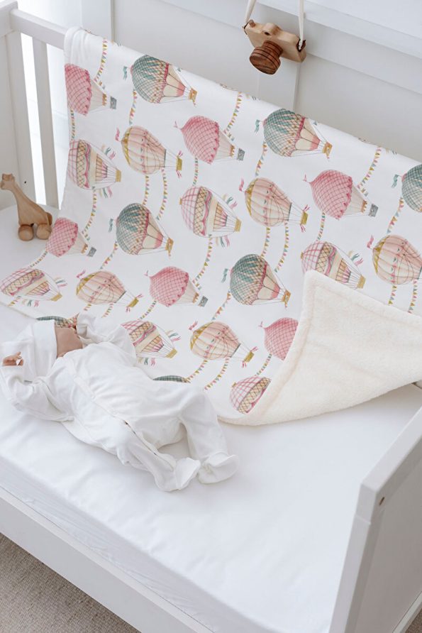 Tuğba Swan Plush Double-Sided Blanket - Pink Hot Air Balloons