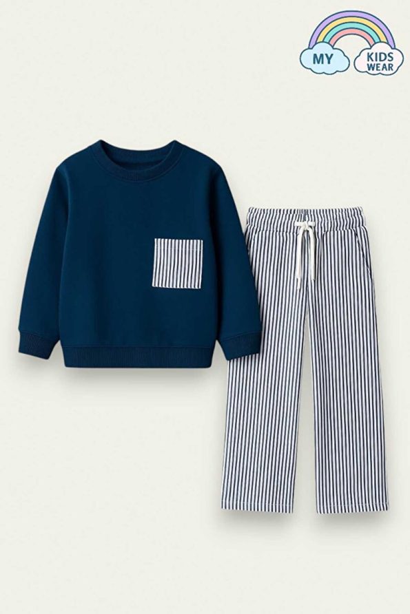 My Kids Wear Girls' Sweatshirt and Pants Set – Navy Striped 2-10 Years