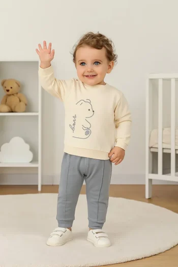 MyPrettyBaby Bear Striped Embroidered Boys' Baby Two-Piece Set