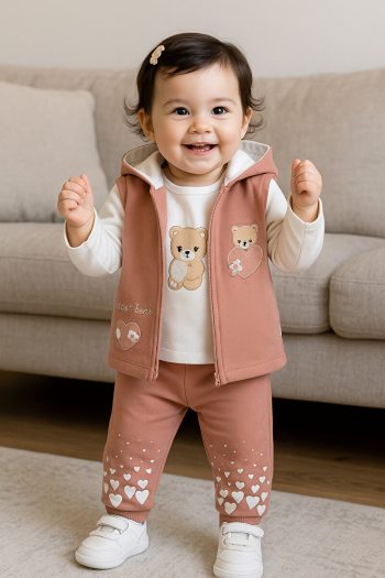 MyPrettyBaby Heart Bear Embroidered Hooded Vest Set for Girls