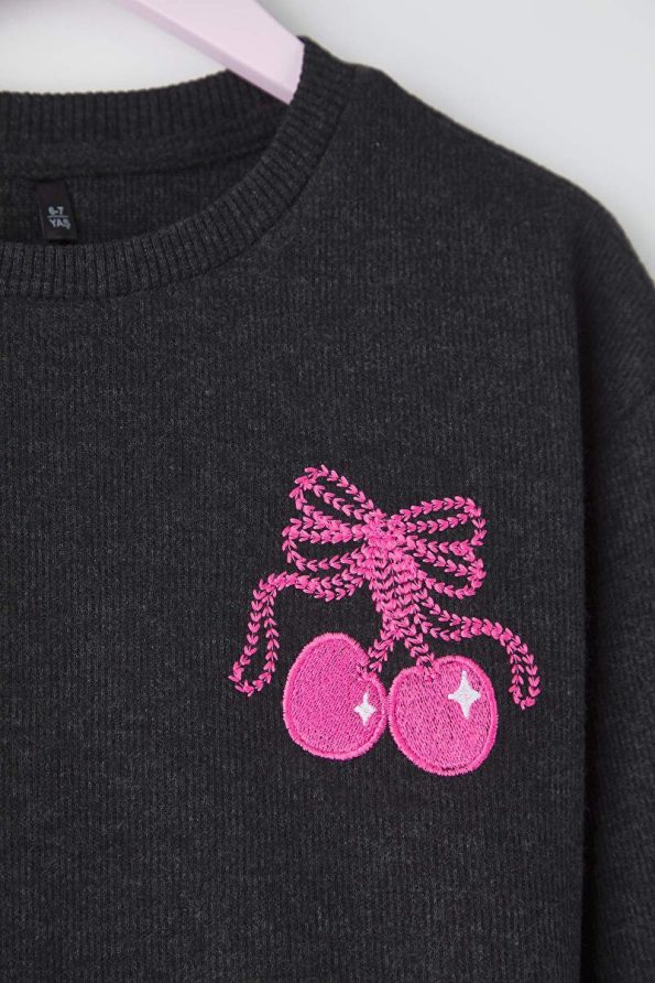 Trendyolmilla Kids Anthracite Cotton Printed Oversized Girls' Knit Sweatshirt