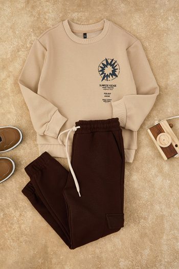 Trendyolmilla Kids Beige Cotton Slogan Printed Regular Fit Boys Knitted Set