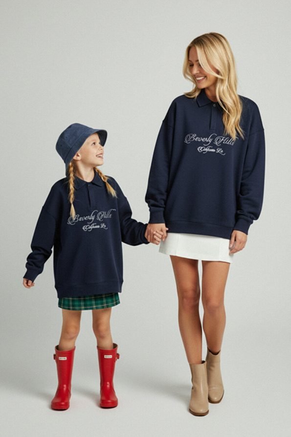 Trendyolmilla Kids Navy Blue 100% Cotton Slogan Printed Polo Neck Oversized Knit Sweatshirt