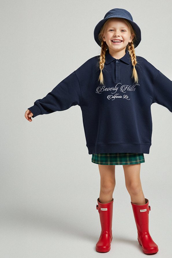 Trendyolmilla Kids Navy Blue 100% Cotton Slogan Printed Polo Neck Oversized Knit Sweatshirt