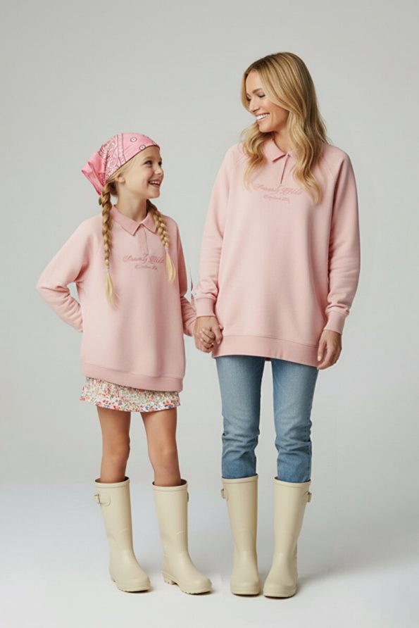 Trendyolmilla Kids Pink 100% Cotton Slogan Printed Polo Collar Oversized Knit Girls' Sweatshirt