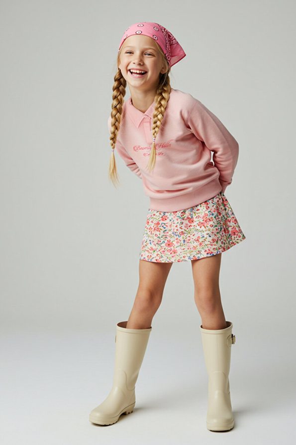 Trendyolmilla Kids Pink 100% Cotton Slogan Printed Polo Collar Oversized Knit Girls' Sweatshirt