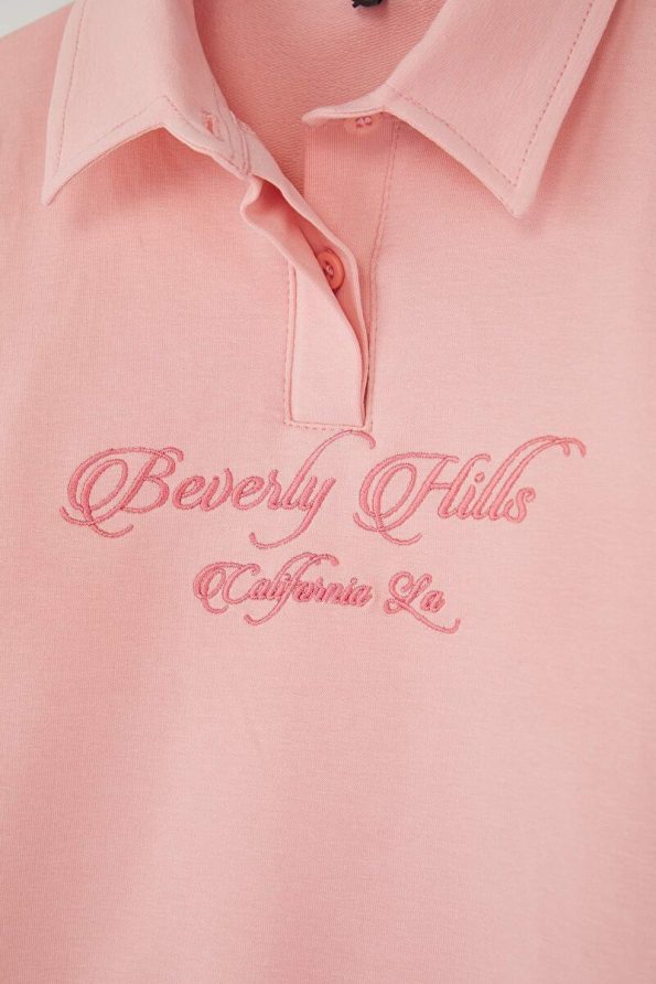 Trendyolmilla Kids Pink 100% Cotton Slogan Printed Polo Collar Oversized Knit Girls' Sweatshirt