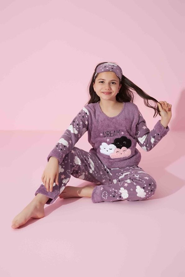 Tarık Girls' Cloud Print Long Sleeve Fleece Pajama Set