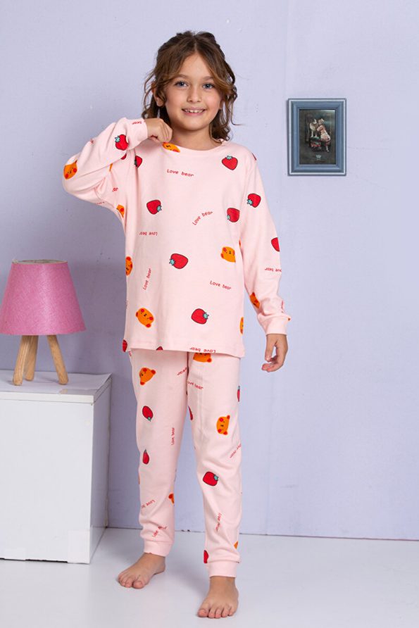 MADALINA Girls' 100% Cotton Strawberry Print Pajama Set