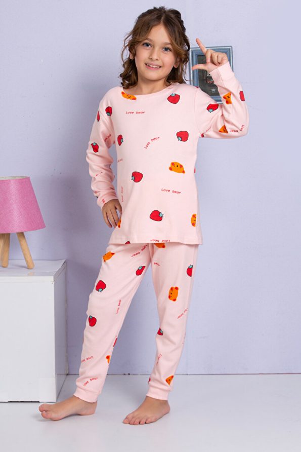 MADALINA Girls' 100% Cotton Strawberry Print Pajama Set