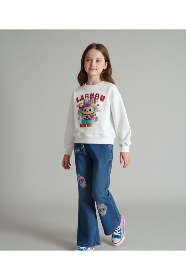 Incilay Kids Labubu Colorful Printed Sweatshirt and Denim Pants Set for Girls