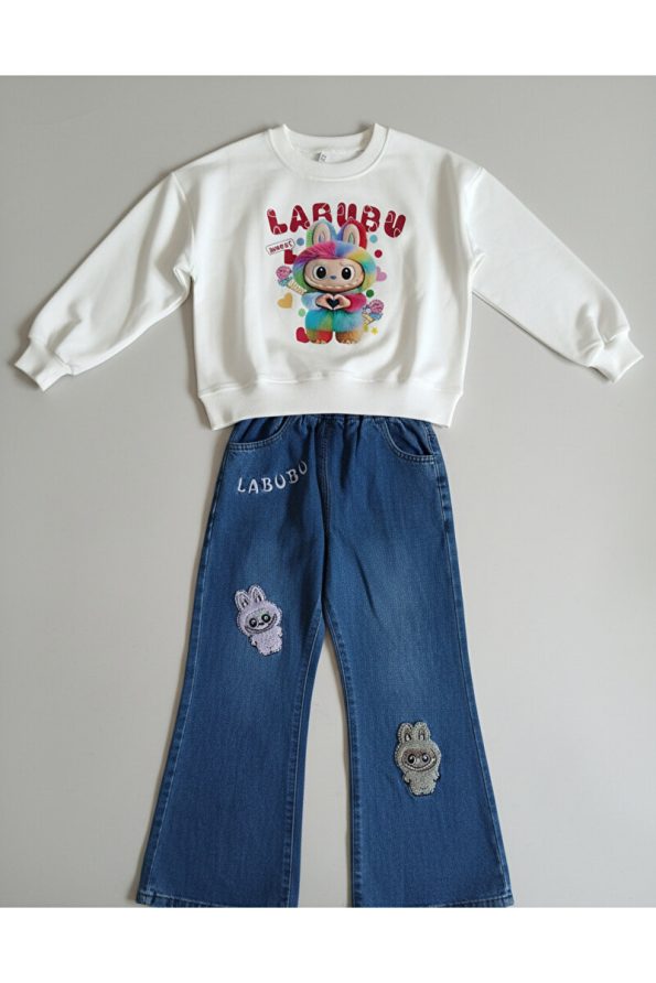 Incilay Kids Labubu Colorful Printed Sweatshirt and Denim Pants Set for Girls