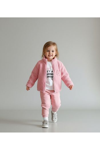 Mini Twins Cat Embroidered Plush Cardigan, Printed Sweatshirt, and Sweatpants 3-Piece Girls' Set