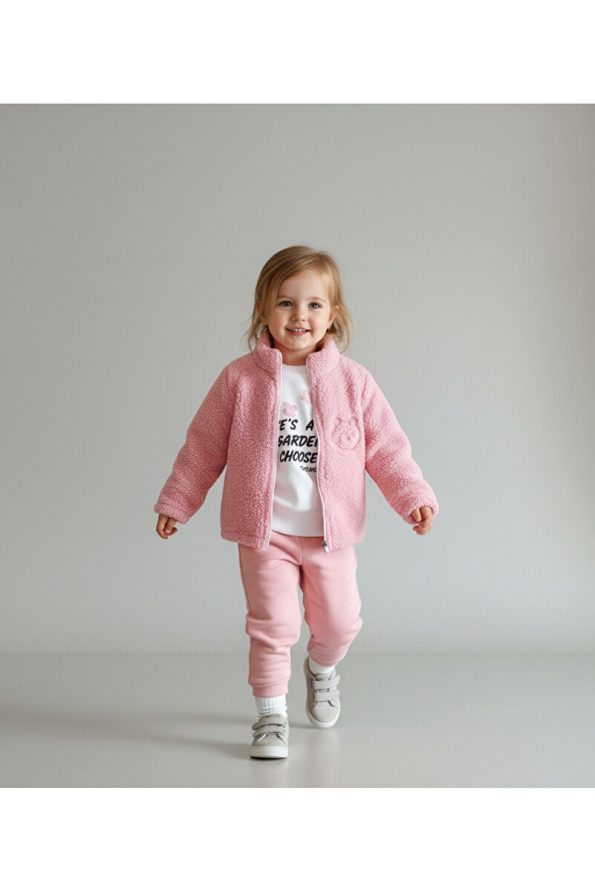 Mini Twins Cat Embroidered Plush Cardigan, Printed Sweatshirt, and Sweatpants 3-Piece Girls' Set