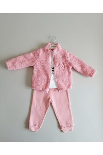 Mini Twins Cat Embroidered Plush Cardigan, Printed Sweatshirt, and Sweatpants 3-Piece Girls' Set