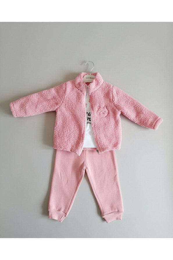 Mini Twins Cat Embroidered Plush Cardigan, Printed Sweatshirt, and Sweatpants 3-Piece Girls' Set