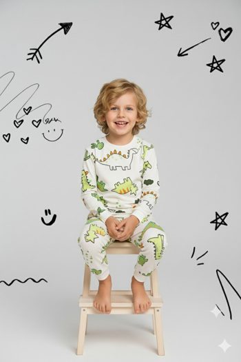 ROSAMINA Boys' 100% Cotton Tree Dinosaur Print Pajama Set