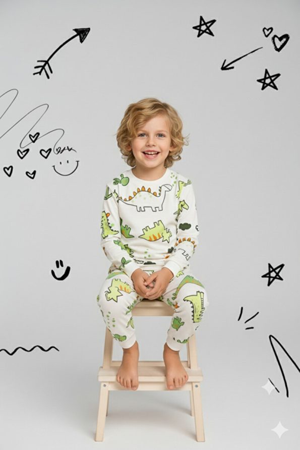 ROSAMINA Boys' 100% Cotton Tree Dinosaur Print Pajama Set
