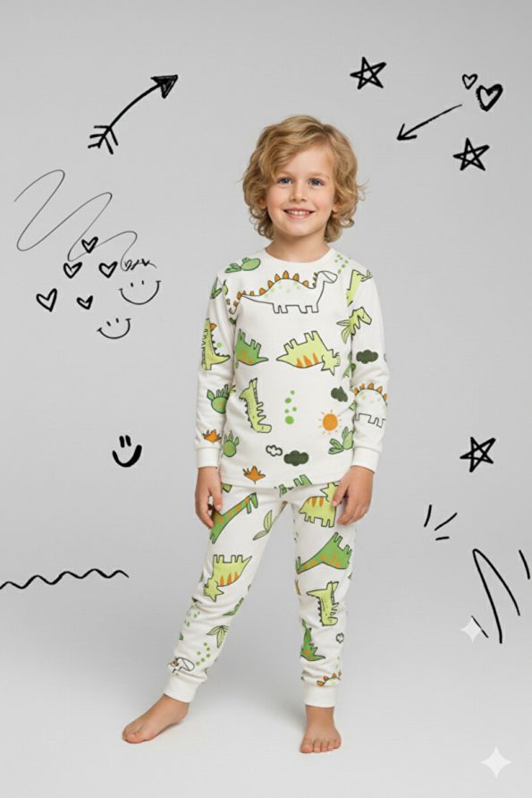ROSAMINA Boys' 100% Cotton Tree Dinosaur Print Pajama Set
