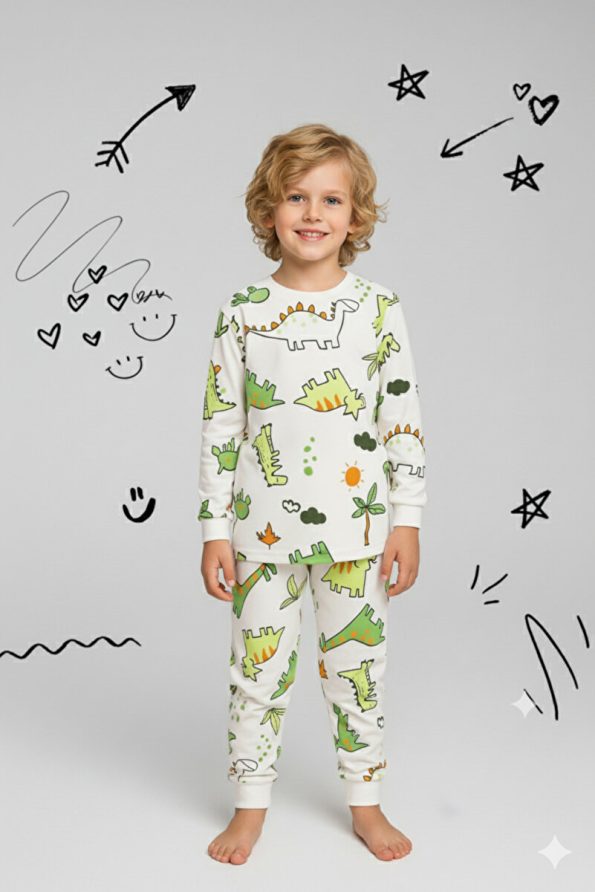 ROSAMINA Boys' 100% Cotton Tree Dinosaur Print Pajama Set